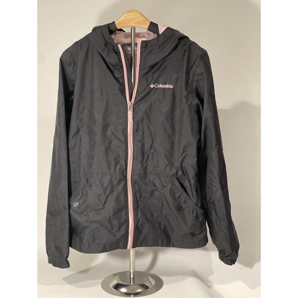 Black Columbia Youth Raincoat with Pink Logo and Zipper. Size L. Preloved.